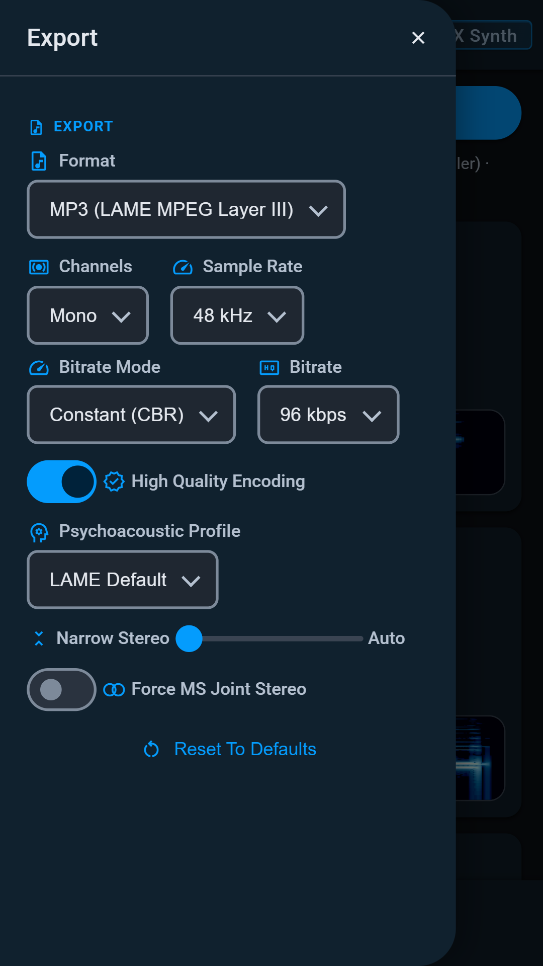 Export drawer with format, channels, sample rate and MP3 encoder settings