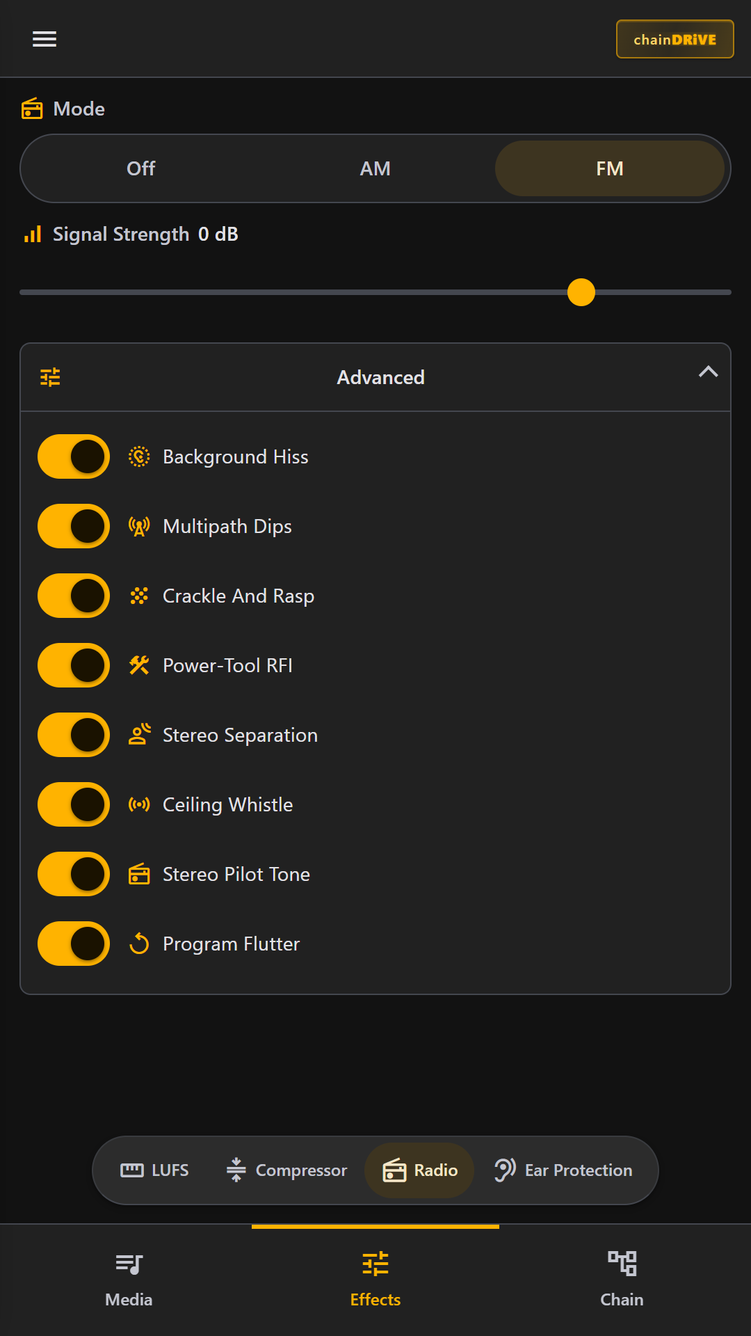 FM radio simulator with advanced artifact toggles