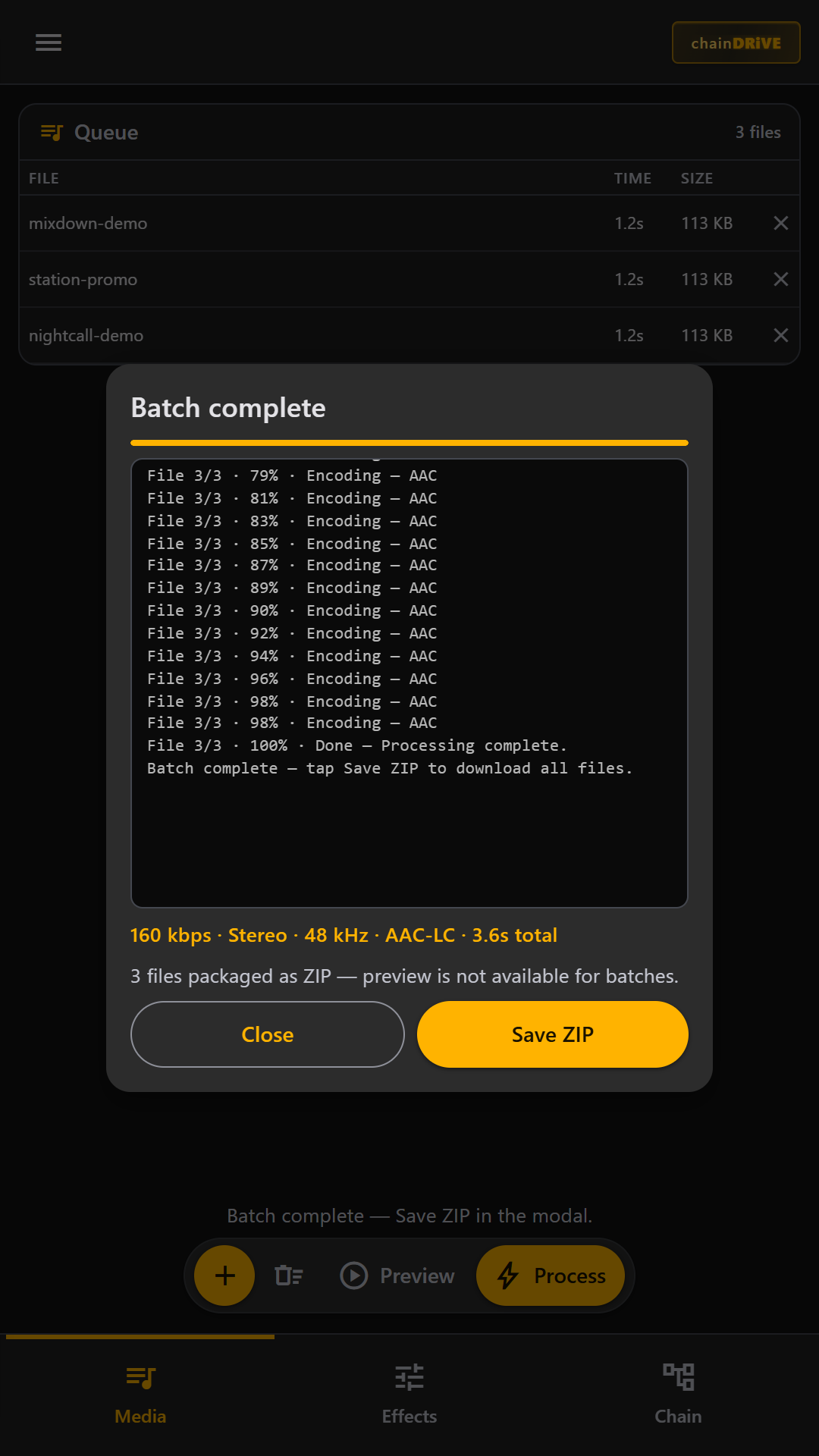 Batch complete job log with Save ZIP