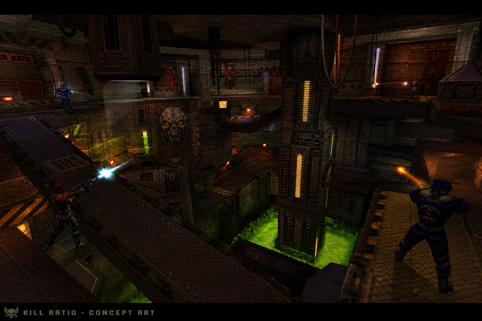 Wide concept art of multi-floor industrial deathmatch arena