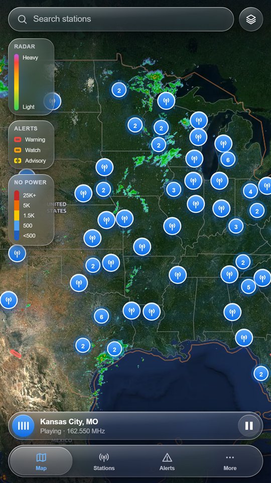 Live radar map with NOAA station pins, alert legend and power outage layer