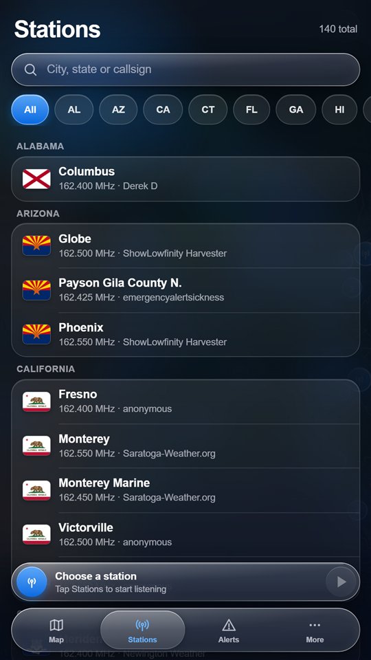 Station list grouped by state with real state flags and search