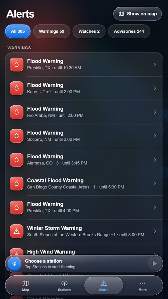 Active NWS alerts grouped into warnings, watches and advisories