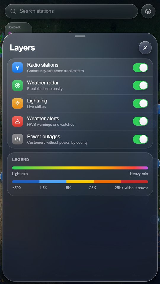 Layers sheet to switch stations, radar, lightning, alerts and power outages
