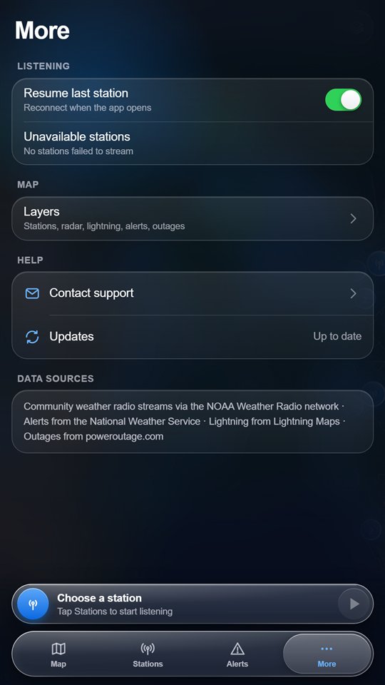 More tab with settings, support and information