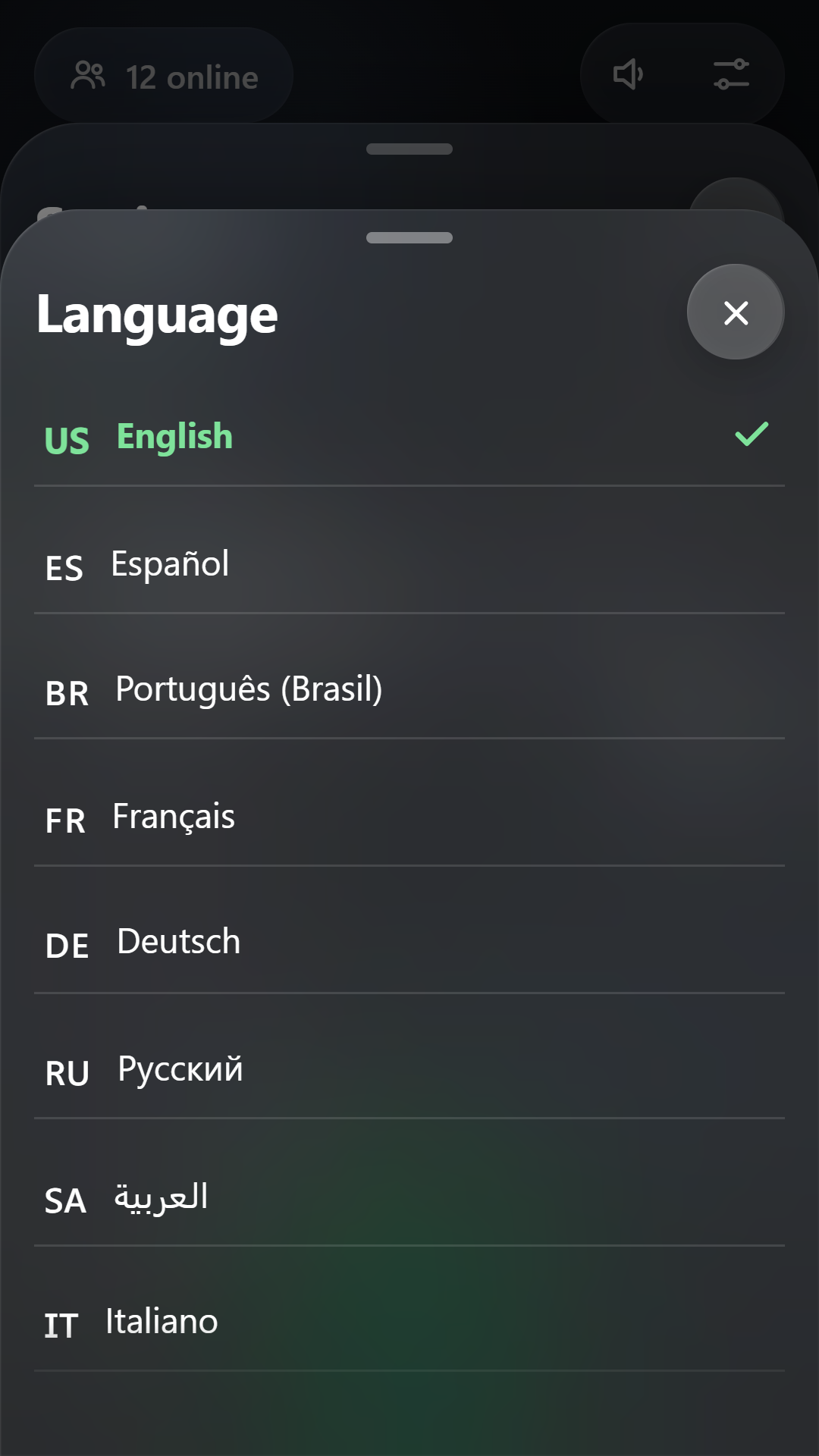 Language picker with 20 languages and flags